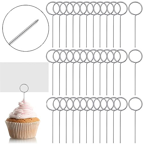 Seajan 100 Pcs Floral Card Holder Picks 2.24 Inch Ring Loop Stainless Steel Pin Small Wire Photo Metal Clip Short Picture Name Place Card Cupcake Memo Note Holder Sticks for DIY Wedding Birthday Food