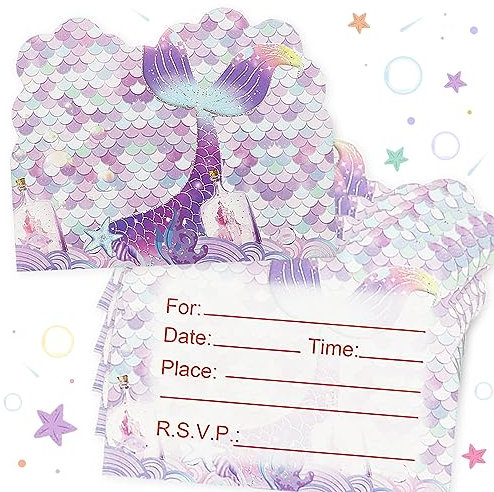 40pcs Birthday Invitations for Girls, Lovely Mermaid Themed Party Invitations Cards, Kids Party Invitations for Girls Double-Sided Printed (Purple)