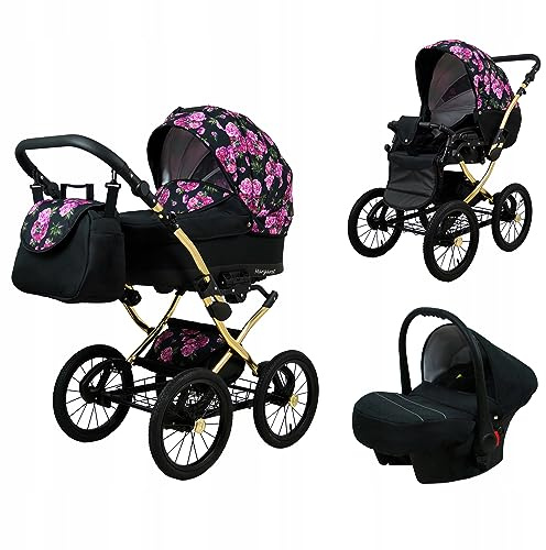 BabyLux® Kinderwagen Set 3 in 1 - Margaret Gold - incl. Babywanne, Buggy Sportsitz, Auto-Babyschale - Autositz - Kinderwagenset - Kombikinderwagen mit Wickeltasche, Regenschutz usw.