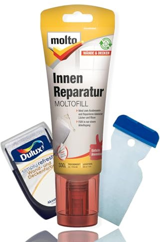 Molto Reparaturspachtel Moltofill Innen Reparatur Set mit Dulux Weiß Farbroller und Metallspachtel