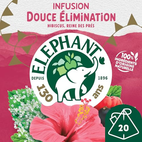 Elephant, Infusion Douce Elimination, Goût Reine des Prés, Hibiscus et Cassis, Ingrédients d'Origine 100% Naturelle, 20 Sachets Pyramid