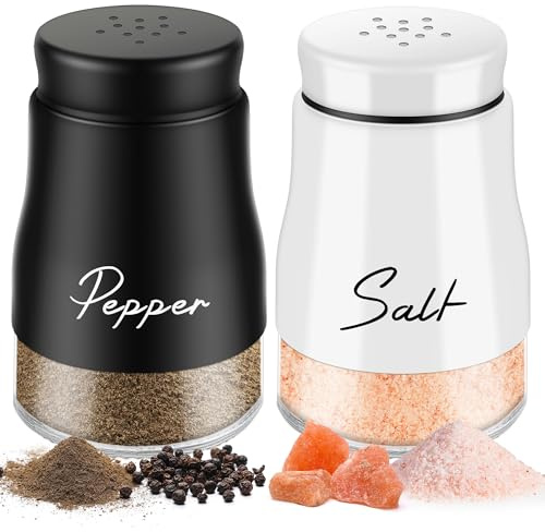 Saliera e Pepiera 2 Pezzi Set - 5 Once Fondo di Vetro Sale e Pepe, con Spargisale Pepe Coperchio, per la Casa e la Cucina Stile Classico da Ristorante - Nero&Bianca