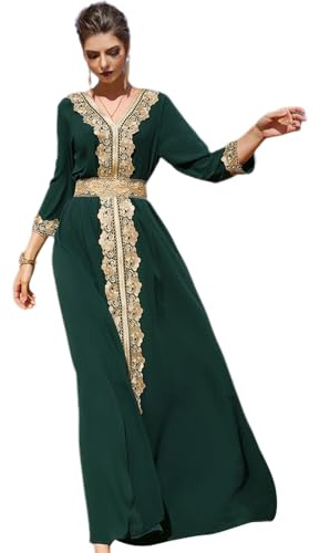 Abaya Dress for Women Moroccan Kaftan Dubai Fancy Long Sleeve Kaftan Dresses Moroccan Traditional Ethnic Shirts Dress Robe Wedding Party Attire Jalabiya Mubarak Eid Ramadan Outfits Dark Green M