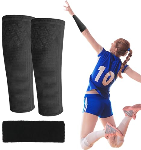 1 par svarta volleyboll-armskydd och 1 svart svettabsorberande bandana, elastisk volleyboll-armskydd, underarmsskydd, volleybollskyddsutrustning, lämplig för volleybollsporter