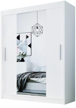 Easy4You D2 150 cm Weiß Schiebetüren Kleiderschrank 150x200x58 cm mit Spiegel - Schlafzimmermöbel, Aufbewahrung - Mehrzweckschrank