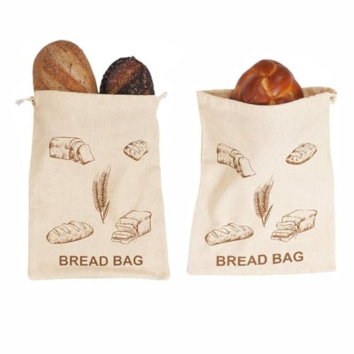 LSRVNM 2 Stück Leinen Brotbeutel 30x40cm Brotbeutel Aufbewahrung Frischhalten mit Kordelzug, Wiederverwendbar Brotaufbewahrung Für Brot, Baguette, Obst, Gemüse…