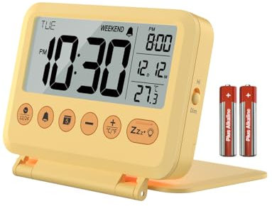 MeesMeek Reisewecker Digital Klein: 2 Stufen Licht und Lautstärke, 12/24H, Kalender, Temperatur, Wochenende und Schlummer Modus, Klappbar, Batteriebetrieben Mini Wecker (Gelb)