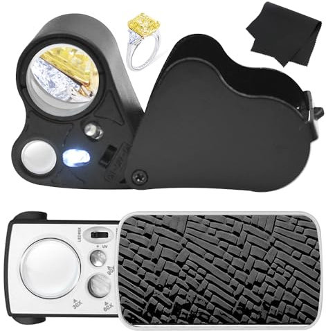 Foreverup 2 Stück Juwelierlupe mit Licht, 30X 60X 90X Beleuchtete Vergrößerungsglas mit LED UV Licht, Taschenlupe Schmuck Lupe Metall Faltlupe Uhrmacherlupe für Rocks Briefmarken Schmuck Modelle