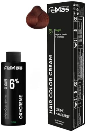 Femmas Haarfarbe Set Kupfer I Hair Color Cream 100ml + Oxycreme 100ml 6% I Permanente Haar-Coloration + Entwickler I Schonend & langanhaltend I Salon-Haarfarbe für Zuhause