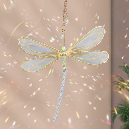 Sun Catchers for Windows, Rainbow Sun Catcher Dragonfly Crystal Suncatcher for Garden, Home Windows Decor Dragonfly Gifts Garden Ornament,White,15X15cm (Dragonfly)