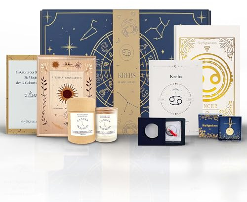 Galaxieregister Krebs Sternzeichen Geschenkset– Luxuriöse Astrologie-Box mit Duftkerze, Journal, Geburtsstein-Anhänger, Affirmationskarten Sternzeichen-Kette Mediation, Selbsterkenntnis, für Frauen