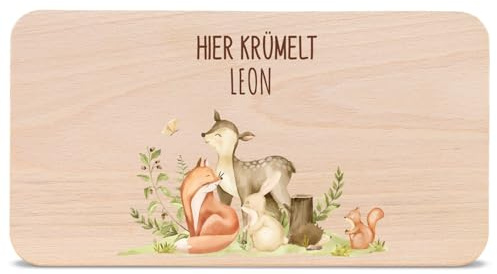 GRAVURZEILE - Bedrucktes Frühstücksbrettchen aus Holz - Waldtiere - Personalisiert mit Namen - Geschenk für Kinder - Lebensmittelechter, umweltfreundlich Druck (GreenGuard Gold)