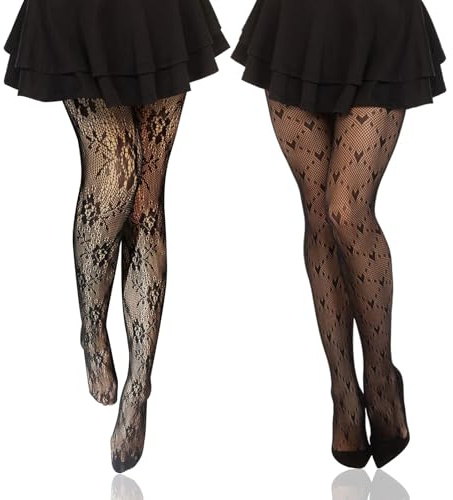 Asheyya 2 Pcs Black Lace Tights for Women Patterned UK, Fashion Pattern Sexy Floral Tights