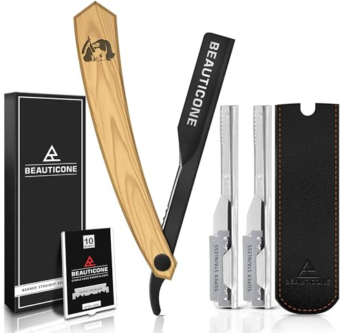 BEAUTICONE Straight Razors for Men, Professional Barber Razors, Premium Straight Edge Razor, Shaving Knife, Shavette, Stainless Steel, Wooden Handle, With PU Leather Case