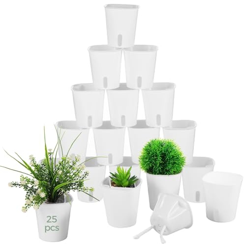 SWEWARM 25 Pcs Self-Watering Pots for Indoor Plants, Small 3 Inch Self-Watering Planters with Cotton Rope, White Creative Plastic Flower Pots for Succulents, Herb Garden, Greenery
