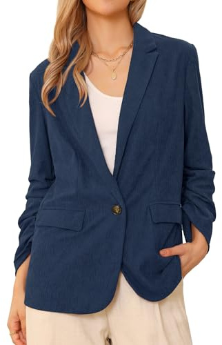 Allegra K Blazers en Velours Côtelé Femmes Élégants et Décontractés Veste à Manches Longues avec Un Bouton à Col Revers pour Travail et Bureau Bleu Marin M