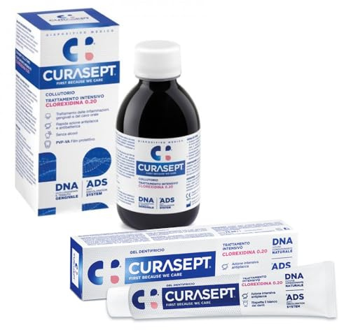 Curasept Kit Igiene Orale Intensiva 0,20% Clorexidina - Collutorio 200 ml + Gel Dentifricio 75 ml - ADS Antiplacca, Senza Alcol