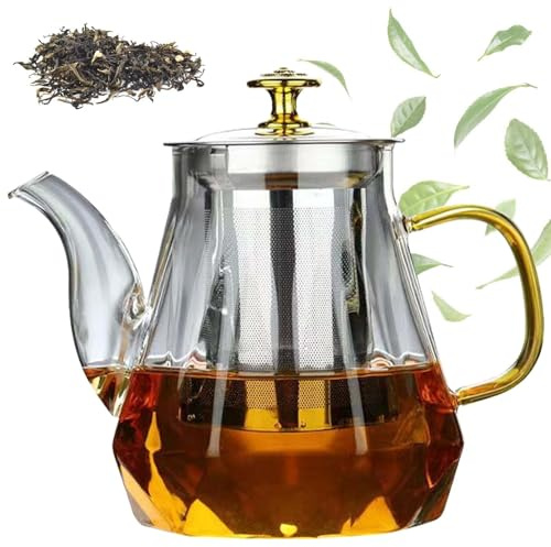 Tetera de cristal, tetera de 1 litro con colador, cristal de borosilicato, protección contra sobrecalentamiento, infusor de té para hojas sueltas, tetera de cristal para preparar té, té de flores, té