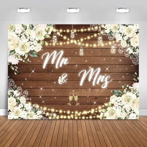 Hnmdmyi 2.1x1.5m Telón de Fondo Mr & Mrs Blanco Floral Rústico Madera Fotografía Fondo Ducha de Novia Novia a Ser Boda de Compromiso Fiesta Decoraciones Banner Photo Booth Props