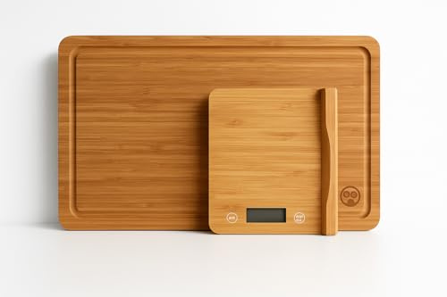 Tabla de cortar de bambú con báscula digital y soporte magnético para cuchillos – Tabla de cocina 3 en 1 ecológica y multifuncional con organizador de cuchillos (Medium)