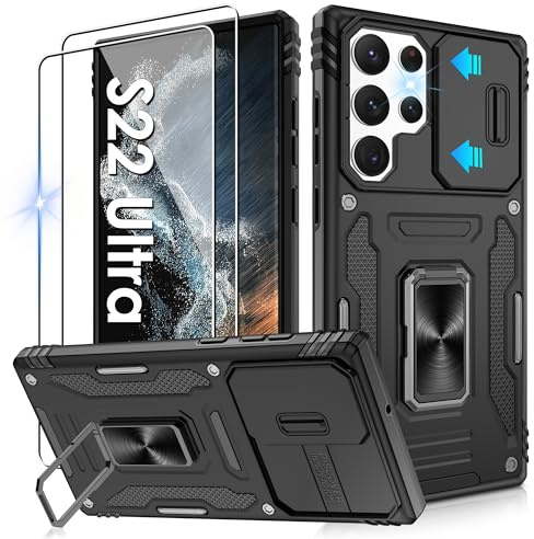 Jshru Handyhülle für Samsung Galaxy S22 Ultra Hülle Kameraschutz Slide mit 2 STK Schutzfolie Militär Stoßfest Sturzsichere Schutzhülle 360° Metall Ring Ständer Case für Galaxy S22 Ultra,Schwarz