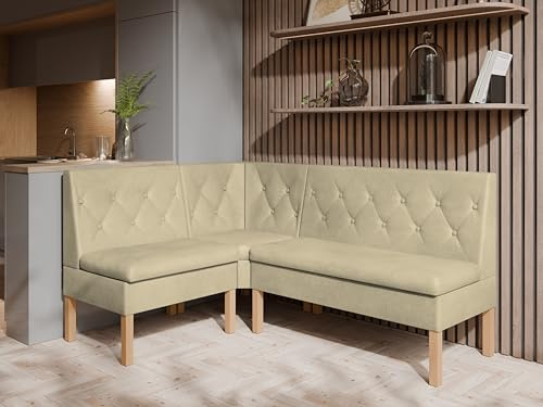 JKG Meble Eckbank fur Essizmmer - Eckbank Küche mit Aufbewahrungsbehälter - Modern Sitzecke Küche - Stoff Velours - gepolsterte Rückenlehne - Beige - Monolith 04-140x200 cm