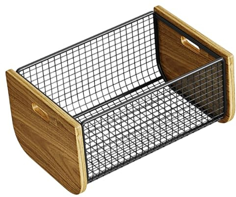 Cesto portaoggetti in filo metallico con fondo in rete per la circolazione dell'aria fresca, organizer per frutta e verdura in legno e ferro, per cucina, dispensa, ufficio, casa, 38 x 26 x 18 cm, L
