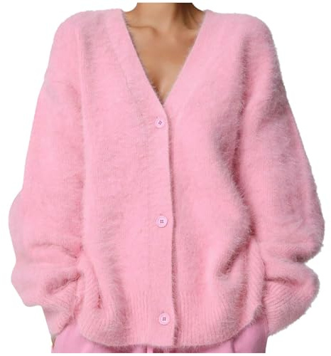 Strickjacke Damen Herbst Kaschmir Pullover - Flauschiger Cardigan Wolle Strickjacken mit Knöpfen Plüsch Offene Vorderseite Gestrickt Einfarbig Weich Kurz Winter Jacke Pullover Mohair Angora Rosa