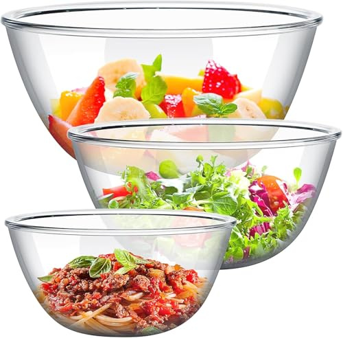 Malloom Glass Mixing Bowls Set of 3, Large Glass Salad Bowls, Space-Saving Nesting Kitchen Bowls for Baking, Cooking, Meal Prep, Serving and Food Storage