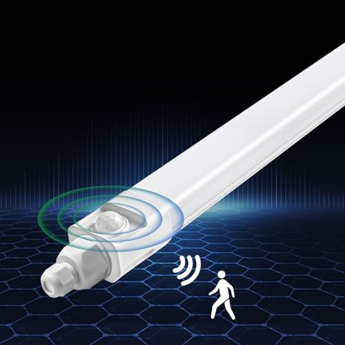 DXLIGHTING Feuchtraumleuchte LED mit Bewegungsmelder, 150cm 45W 4500LM 4000K Neutralweiß Garagenlampe, IP65 Kellerlampe, Verknüpfbar Feuchtraumlampe für Büro Flur Treppe Garage