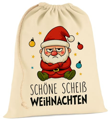 OM3 lustige Baumwolltasche mit Spruch - Schöne Scheiss Weihnachten Baumwollbeutel Weihnachten Geschenkbeutel - Stoff - wiederverwendbar - Natur - Größe S (25×30 cm)