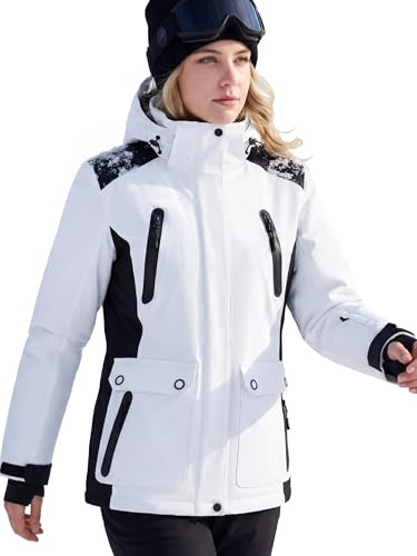FREE SOLDIER Women's Waterproof Ski Jacket Fleece Lined Winter Coat Windproof Hooded Jacket Fully Taped Seams (WhiteBlack,M)