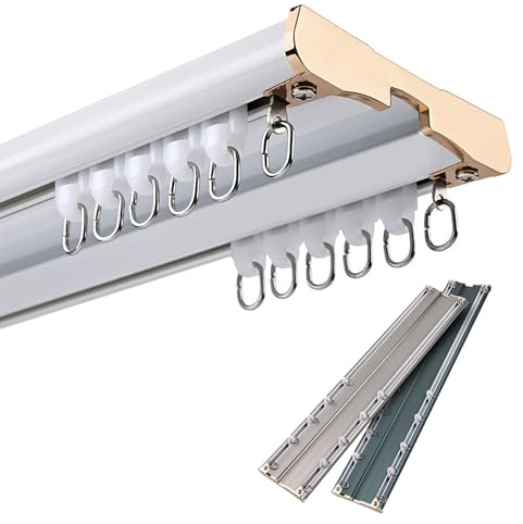 Binario per Tende Doppia Fila, Binario Tenda Scorrevoli con Rulli Silenziosi Bastone per Tende In Alluminio da Soffitto Completo di tutti gli accessori per la casa in Ufficio divisore(Bianco,210CM)
