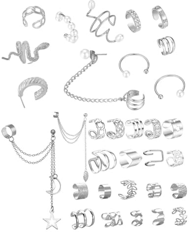 UYRVAPE 32 piezas Ear Cuff Pendientes Oreja Sin Agujero para Mujere Ajustables Clip Falsos Hipoalergénicos Falsos Oreja Helix Puños de Cartílago Pendientes Plata