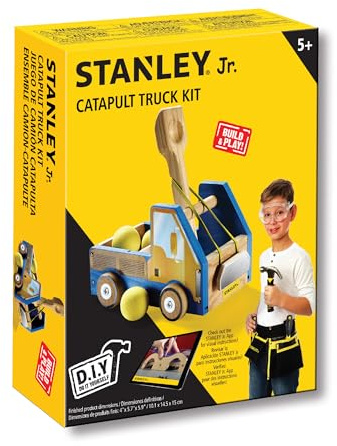 STANLEY Jr. DIY Truck Catapult Building Kit for Kids: Children’s Yellow Wood Construction Toy Beginning Woodworking Set with Paints Ages 5-12