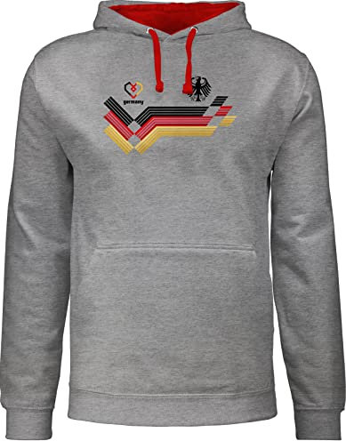 Pullover Herren Frauen Hoodie Kontrast zweifarbig - Fußball EM WM - 12 Mann Deutschland - L - Grau meliert/Rot - fanartikel soccer hoodies europameisterschaft german hoody fussball germany fu ball