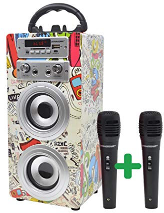 DYNASONIC - Tragbarer Bluetooth-Karaoke-Lautsprecher mit 2 Mikrofonen, USB- und SD-Lesegerät, FM-Radio Modell