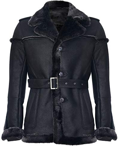 Infinity Leather Herren Merino Schwarz Snowtip Echtes Schaffell Wildlederjacke mit Bindegürtel