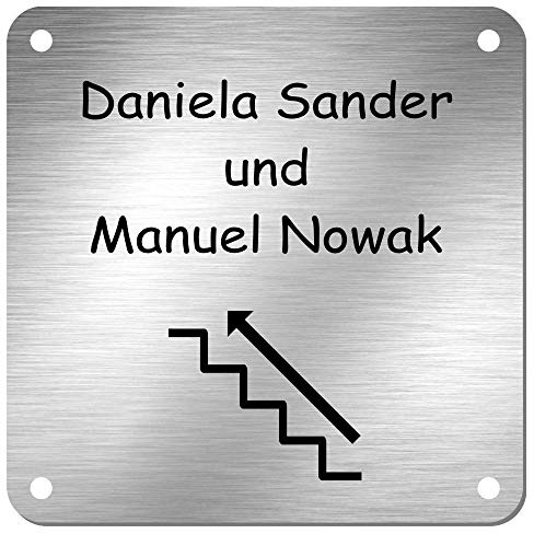 Edelstahl Namensschild Hinweisschild mit Treppe und Pfeil * Modell Sander | modernes Türschild, Klingelschild, Briefkastenschild mit Treppe, Hinweispfeil und individueller Laser-Gravur