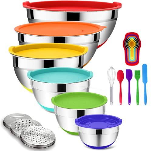 Rottay Mixing Bowls with Airtight Lids, 20PCS Stainless Steel Mixing Bowl Set, Nesting Bowls with 3 Grater Attachments & Non-Slip Bottoms, Size7, 4, 3, 2, 1.5, 1QT Bowls for Baking&Prepping