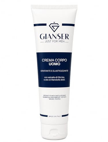 GIANSER JUST FOR MEN - Crema Corpo Uomo Idratante Tonificante. Formula Extra Fresca Assorbimento Immediato. Ideale Post Doccia Sport. Fragranza Maschile. 150ml. Ottima Idea Regalo Uomo