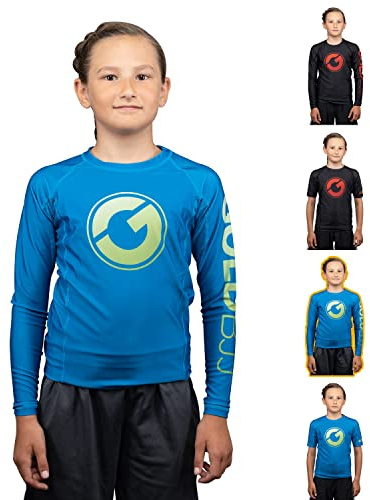 Gold BJJ Kids' Contender Rash Guard - Youth Boys and Girls Jiu Jitsu Rash Guards (Long Sleeve, Blue, XL)
