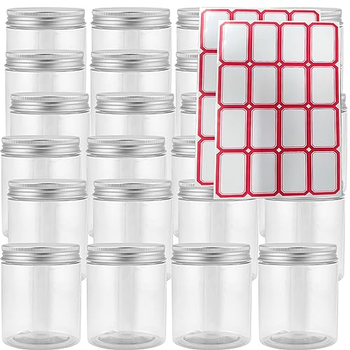 ZOENHOU 24 Pack 250ml 8Oz Plastic Jars with Aluminium Lids and 2 Sheet Label Stickers, Round Clear Plastic Food Storage Jars, Leak Proof Empty Container Jar for Slime Making, Crafts, Travel
