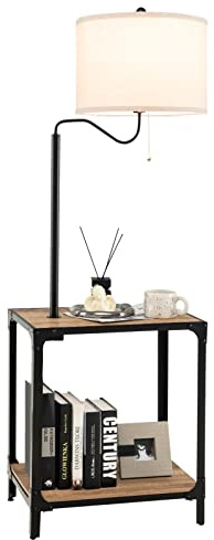 COSTWAY Lámpara de Pie con Mesa y Puertos de Carga USB, Lámpara de Mesa con Brazo Giratorio de 360°, Lámpara de Lectura de Pie Mesita de Noche para Salón, Dormitorio