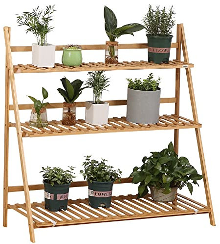 Outsunny Estantería para Plantas de 3 Niveles de Bambú Soporte para Flores Plegable Estantería para Macetas para Interiores y Exteriores 100x39x97 cm Natural