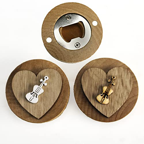 DLM 32802 (Kit 12 Pezzi) Apri Bottiglie Apribottiglie con Calamita Moderno Design Tondo in Legno + Scatolina in bambù Cuore Violino Musica bomboniera