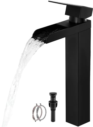 Black Tall Waterfall Bathroom Faucet, Single Hanlde Vessel Sink Faucet with Waterfall Spout, Bathroom Faucets for 1 Hole, RV Lavatory Vanity Mixer Bar Tap with Pop Up Drain and Hoses KMBF015B