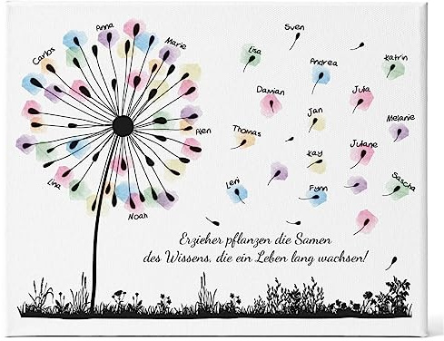 GRAVURZEILE Abschiedsgeschenk für Erzieherin und Lehrerin - Personalisierte Leinwand - Geschenk für Lehrer & Erzieher zum Ruhestand - Überraschung im Kindergarten und Schule - Pusteblume