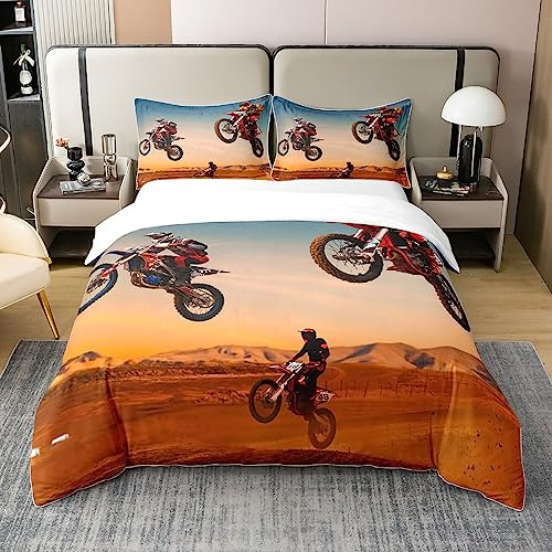 Juego de funda de edredón de algodón para niños y adultos, diseño de motociclista, tamaño King, para niños y adultos, con temática de deportes extremos, juego de ropa de cama con patrón de motociclis