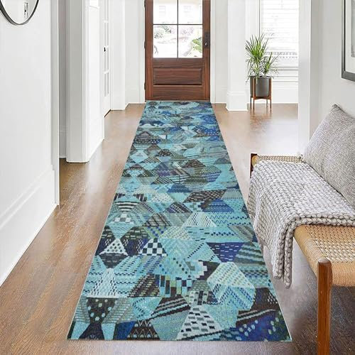 YANHONG Handwebteppich Läufer Teppich 120 x 360 cm Wetterfest rutschfest Waschbar Schlafzimmer Muster Carpet, mit Anti-Rutsch Unterseite für Küche, Flur & Wohnraum, Blau A